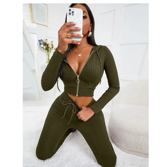 Shein SXY Rib-Knit-O-Ring Zipper Drawstring Hoodie & Leggings - Picture 1 of 10